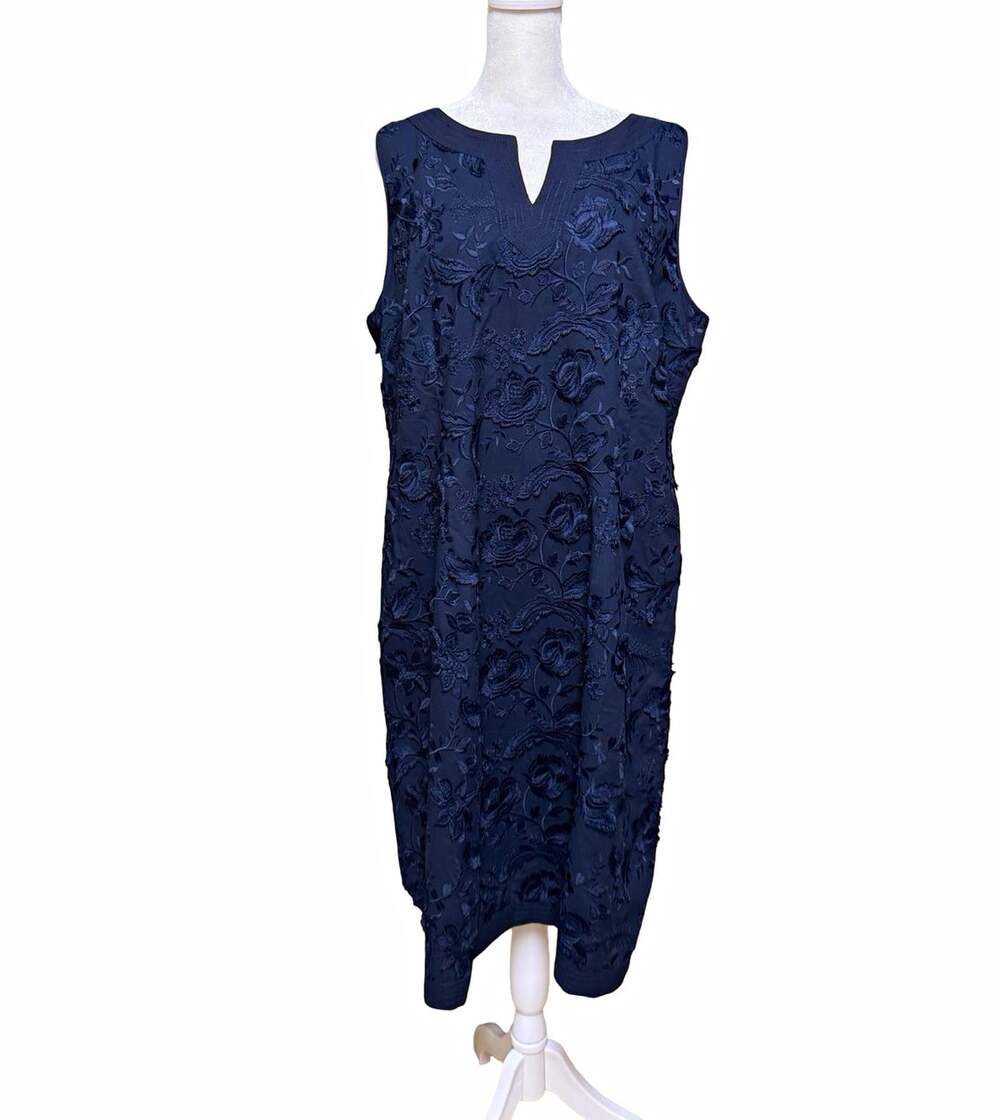 Talbots Navy Embroidered Floral Sheath Dress V-Neck Sleeveless Lined 16